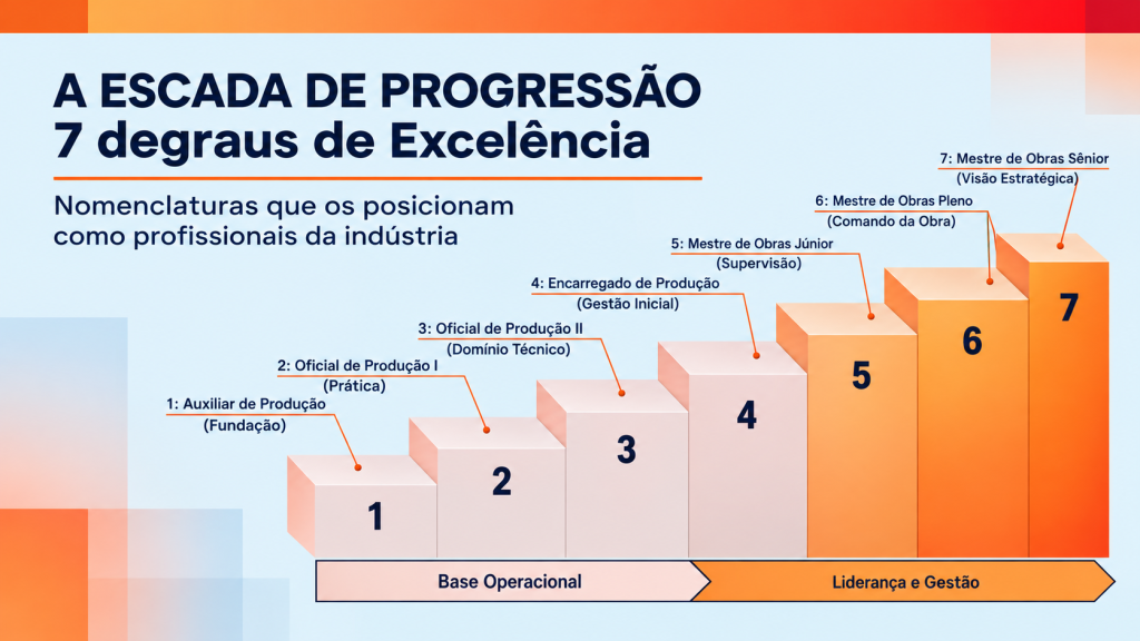 Escada de progressão do programa Trilhas Profissionais da Construção, com sete níveis de carreira, de Auxiliar de Produção a Mestre de Obras Sênior